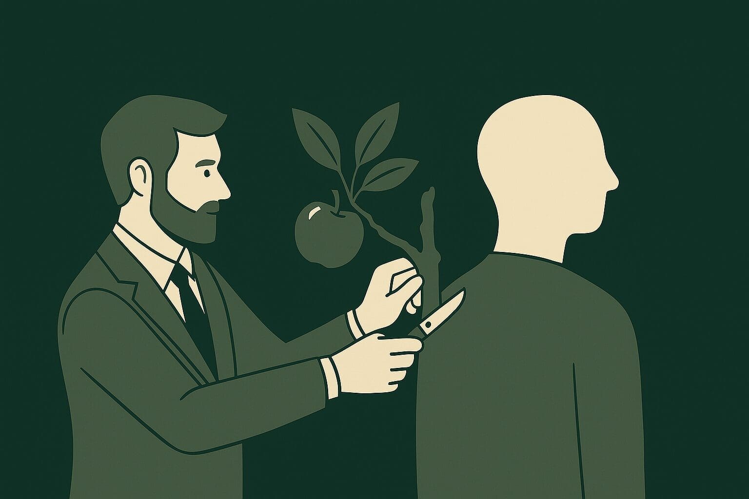 Illustration of a suited man grafting a tree branch with an apple onto a faceless person, symbolizing rigid leadership expectations
