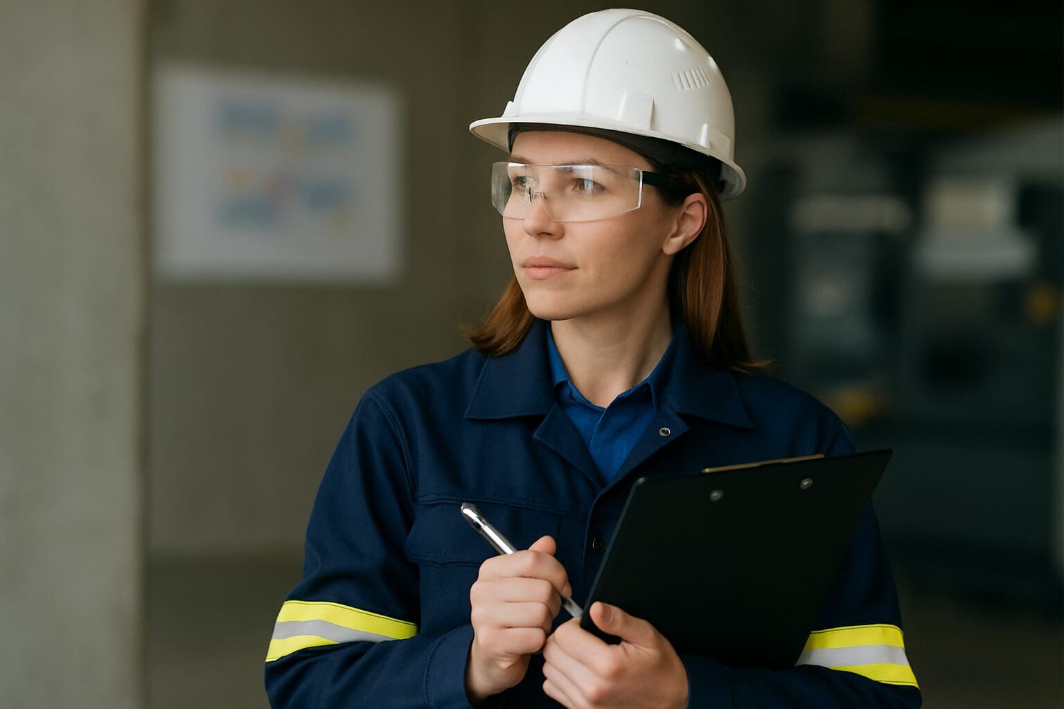 Industrial worker in safety gear using a clipboard—representing the Pre-Task Briefing Tool used in a crisis at a CNRL plant.