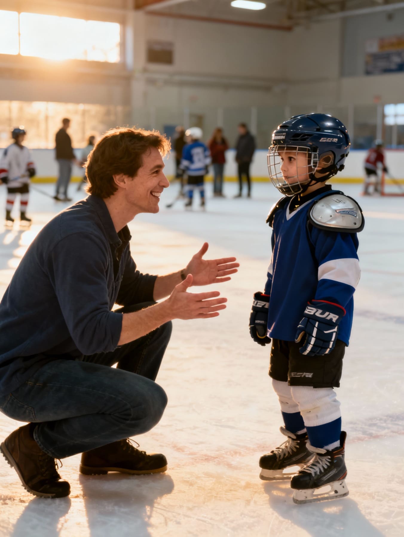 A leader offering supportive feedback to a child in an arena setting.