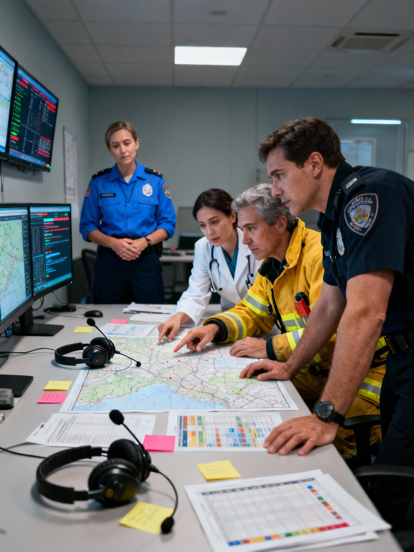 Emergency response leaders collaborating at a command center, reviewing maps and data on computer monitors.