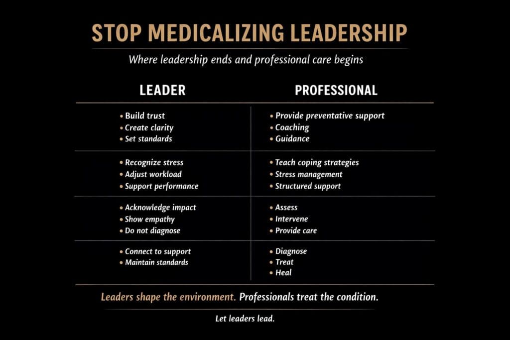 An infographic with the bold golden header: "STOP MEDICALIZING LEADERSHIP", and a subtitle below it in white: "Where leadership ends and professional care begins".

The central feature is a detailed comparison chart with four horizontal rows and two columns. The column on the left is labeled "LEADER", and the column on the right is labeled "PROFESSIONAL", both in large white font. The chart has a clean, professional layout with white bullet points and horizontal divider lines against a black background.

Chart Details:

Row 1 (General Functions):

Leader: Build trust, Create clarity, Set standards.

Professional: Provide preventative support, Coaching, Guidance.

Row 2 (Dealing with Stress):

Leader: Recognize stress, Adjust workload, Support performance.

Professional: Teach coping strategies, Stress management, Structured support.

Row 3 (Dealing with Impact):

Leader: Acknowledge impact, Show empathy, Do not diagnose.

Professional: Assess, Intervene, Provide care.

Row 4 (Advanced Care):

Leader: Connect to support, Maintain standards.

Professional: Diagnose, Treat, Heal.

Key Takeaway and Slogan:

Below the comparison chart, a final takeaway statement is prominently featured, with "Leaders shape the environment" in golden text and "Professionals treat the condition" in white text. The entire infographic concludes with a single-line golden slogan at the very bottom: "Let leaders lead."
